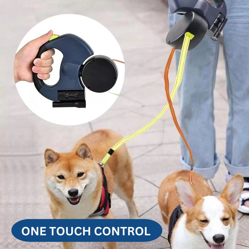 10FT Dual Retractable Dog Leash with Built-In Flashlight and Waste Bag Holder