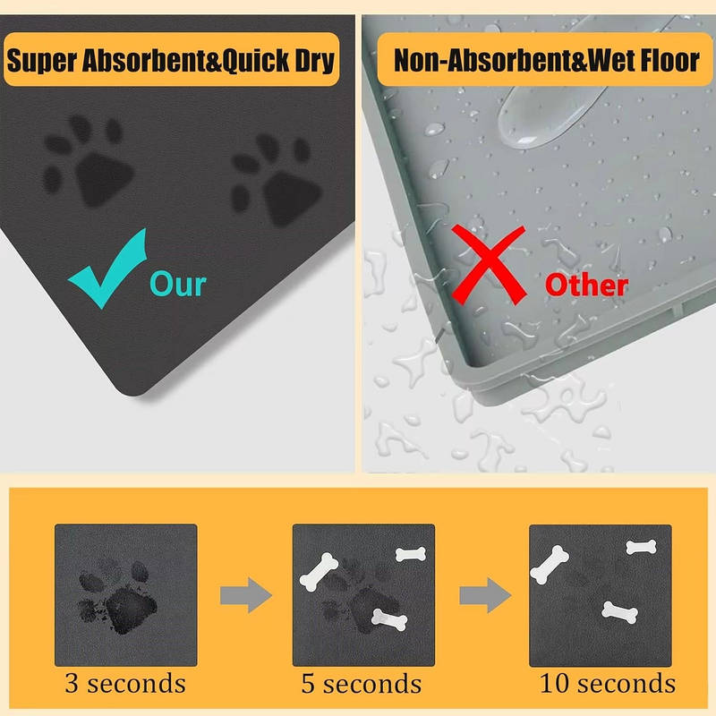Absorbent Dog Food Mat Quick Dry, No Stain Pet Bowl Mat for Food Water Cat Dog Footprint Design